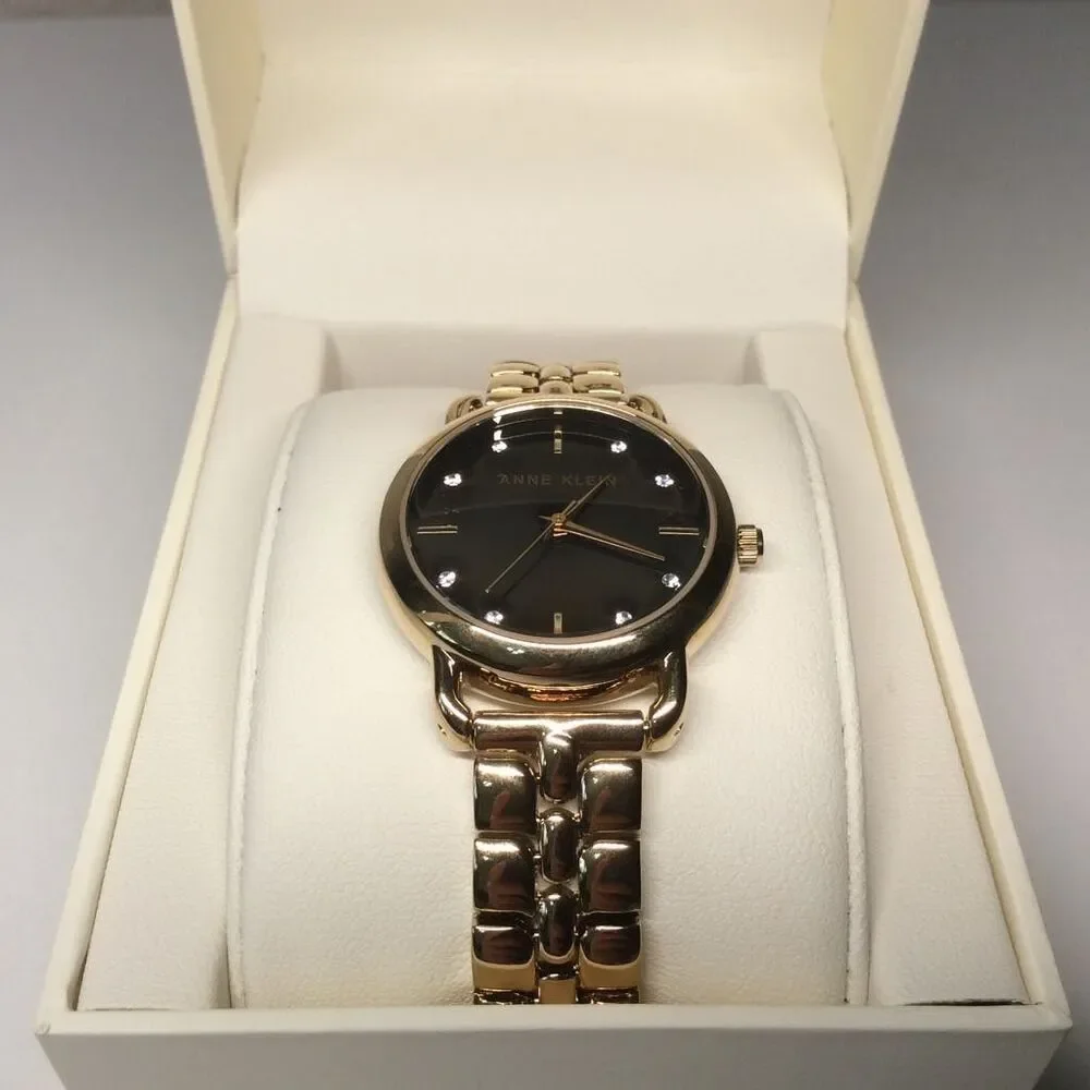 Anne Klein Signature Round Crystal Accented Dial Watch – Gold Tone – 30mm – New